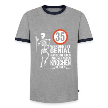 35.Geburtstag - Männer Kontrast-T-Shirt - Grau/Navy  - Vorne - AI Model Female 172 light (172cm) & AI Model Male 178 light (178cm)