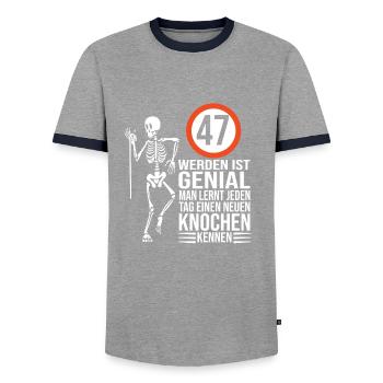 47.Geburtstag - Männer Kontrast-T-Shirt - Grau/Navy  - Vorne - AI Model Female 172 light (172cm) & AI Model Male 178 light (178cm)