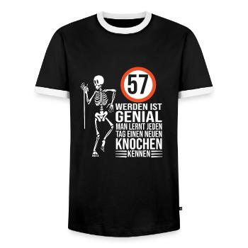 57.Geburtstag - Männer Kontrast-T-Shirt - Schwarz/Weiß - Vorne - AI Model Female 172 light (172cm) & AI Model Male 178 light (178cm)