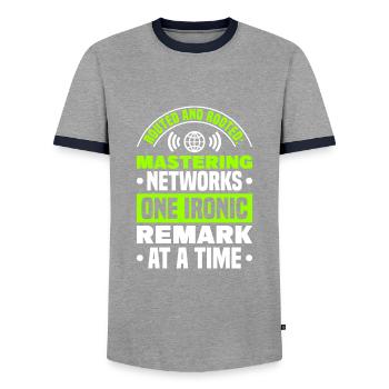 Network Engineer - Men's Ringer Shirt - grey/navy  - Front - AI Model Female 172 light (172cm) & AI Model Male 178 light (178cm)