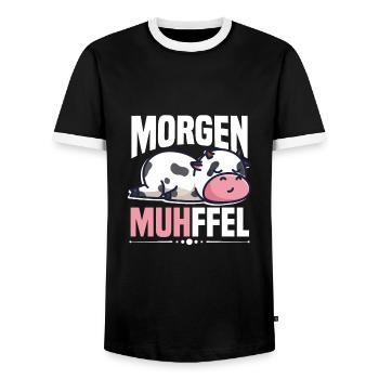 Morgenmuffel Kuh Motiv MUHffel - Männer Kontrast-T-Shirt - Schwarz/Weiß - Vorne - AI Model Female 172 light (172cm) & AI Model Male 178 light (178cm)