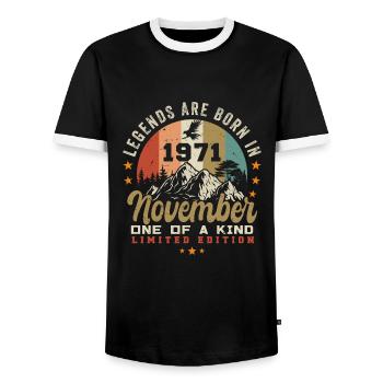 November 1971 Geburtstagsgeschenk - 1971 november - Männer Kontrast-T-Shirt - Schwarz/Weiß - Vorne - AI Model Female 172 light (172cm) & AI Model Male 178 light (178cm)