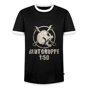 Blutgruppe 1:50 - DDR 2 Takt Power - Männer Kontrast-T-Shirt - Schwarz/Weiß - Vorne - AI Model Female 172 light (172cm) & AI Model Male 178 light (178cm)