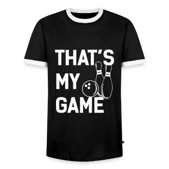 My Game Is Bowling - Men's Ringer Shirt - black/white - Front - AI Model Female 172 light (172cm) & AI Model Male 178 light (178cm)