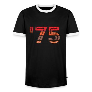 '75 - 1975 - Men's Ringer Shirt - black/white - Front - AI Model Female 172 light (172cm) & AI Model Male 178 light (178cm)