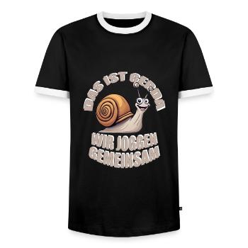 Das ist Gerda, wir joggen zusammen. - Männer Kontrast-T-Shirt - Schwarz/Weiß - Vorne - AI Model Female 172 light (172cm) & AI Model Male 178 light (178cm)