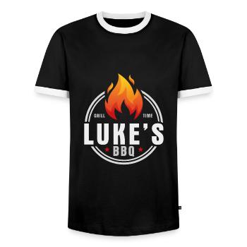 Lukes BBQ - Men's Ringer Shirt - black/white - Front - AI Model Female 172 light (172cm) & AI Model Male 178 light (178cm)