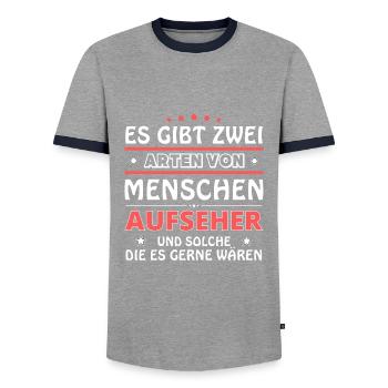 Overseer Gift - Two Types of... Design - Men's Ringer Shirt - grey/navy  - Front - AI Model Female 172 light (172cm) & AI Model Male 178 light (178cm)