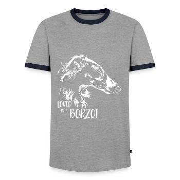 BARSOI loved by a BORZOI Hundespruch Wilsigns - Männer Kontrast-T-Shirt - Grau/Navy  - Vorne - AI Model Female 172 light (172cm) & AI Model Male 178 light (178cm)