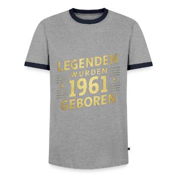 Legends were born in 1961 - Men's Ringer Shirt - grey/navy  - Front - AI Model Female 172 light (172cm) & AI Model Male 178 light (178cm)