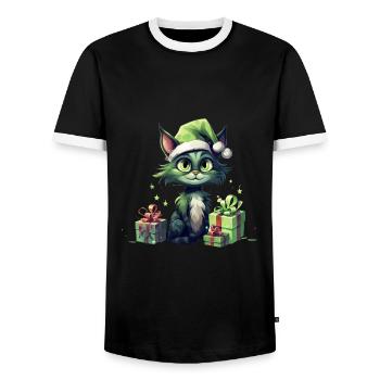 Katze Weihnachten Weihnachtselfe Geschenke Mütze - Männer Kontrast-T-Shirt - Schwarz/Weiß - Vorne - AI Model Female 172 light (172cm) & AI Model Male 178 light (178cm)