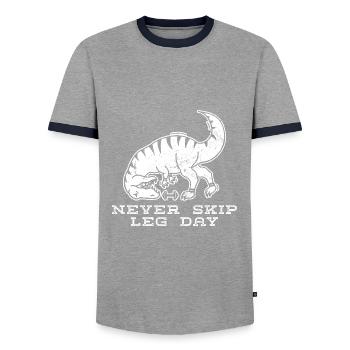 Never Skip Leg Day Bodybuilding Gym Spruch Dino - Männer Kontrast-T-Shirt - Grau/Navy  - Vorne - AI Model Female 172 light (172cm) & AI Model Male 178 light (178cm)