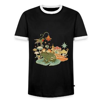 Cottagecore with frog, mushrooms and hummingbird - Men's Ringer Shirt - black/white - Front - AI Model Female 172 light (172cm) & AI Model Male 178 light (178cm)