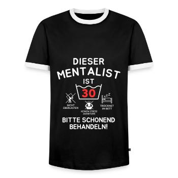 This mentalist is 30. - Men's Ringer Shirt - black/white - Front - AI Model Female 172 light (172cm) & AI Model Male 178 light (178cm)