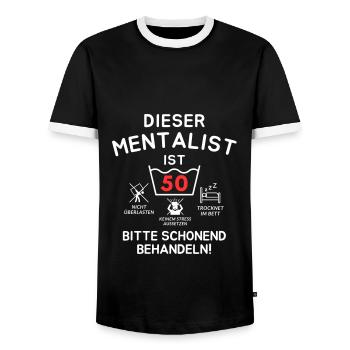 This mentalist is 50. - Men's Ringer Shirt - black/white - Front - AI Model Female 172 light (172cm) & AI Model Male 178 light (178cm)