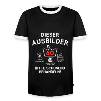 Dieser Ausbilder ist 60. Schonend behandeln - Männer Kontrast-T-Shirt - Schwarz/Weiß - Vorne - AI Model Female 172 light (172cm) & AI Model Male 178 light (178cm)
