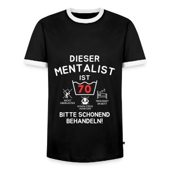 This mentalist is 70. - Men's Ringer Shirt - black/white - Front - AI Model Female 172 light (172cm) & AI Model Male 178 light (178cm)