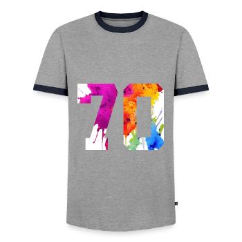 NUMMER 70 JAHRE ALT 70. GEBURTSTAG - Männer Kontrast-T-Shirt - Grau/Navy  - Vorne - AI Model Female 172 light (172cm) & AI Model Male 178 light (178cm)