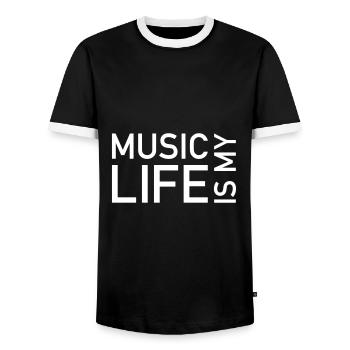 Music is my life (Wörter is my gedreht) - Männer Kontrast-T-Shirt - Schwarz/Weiß - Vorne - AI Model Female 172 light (172cm) & AI Model Male 178 light (178cm)