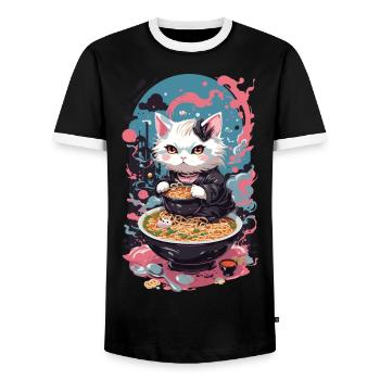 Cat Goth Pastel Ramen Noodle Soup Kawaii - Men's Ringer Shirt - black/white - Front - AI Model Female 172 light (172cm) & AI Model Male 178 light (178cm)