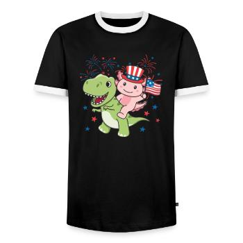 Axolotl avec T-Rex pour le feu d’artifice du quatrième juillet - T-shirt contrasté Homme - noir/blanc - Devant - AI Model Female 172 light (172cm) & AI Model Male 178 light (178cm)