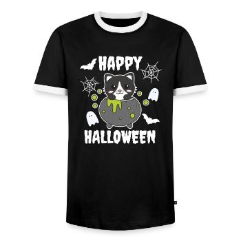 Cat Happy Halloween Cauldron Bat - Men's Ringer Shirt - black/white - Front - AI Model Female 172 light (172cm) & AI Model Male 178 light (178cm)