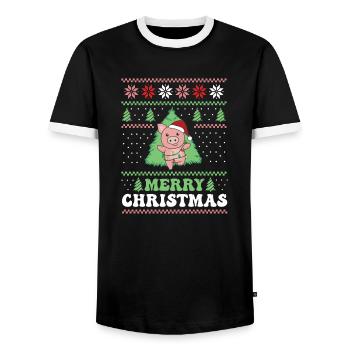 Merry Christmas retro ugly christmas Schwein - Männer Kontrast-T-Shirt - Schwarz/Weiß - Vorne - AI Model Female 172 light (172cm) & AI Model Male 178 light (178cm)