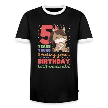Horse for 5th birthday Children five years old - Men's Ringer Shirt - black/white - Front - AI Model Female 172 light (172cm) & AI Model Male 178 light (178cm)