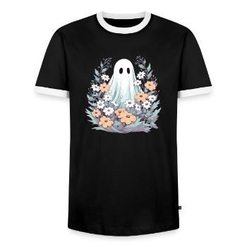 Halloween groovy Geist Hippie Blumen Vintage - Männer Kontrast-T-Shirt - Schwarz/Weiß - Vorne - AI Model Female 172 light (172cm) & AI Model Male 178 light (178cm)
