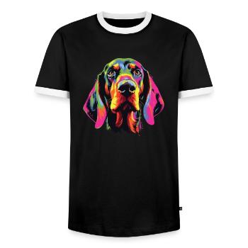 Watercolor Colorful Black And Tan Coonhound - Men's Ringer Shirt - black/white - Front - AI Model Female 172 light (172cm) & AI Model Male 178 light (178cm)