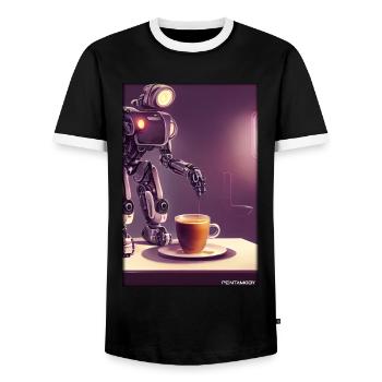 Robot Coffee Future Science Machine - Men's Ringer Shirt - black/white - Front - AI Model Female 172 light (172cm) & AI Model Male 178 light (178cm)