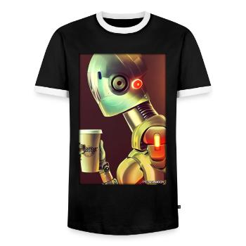 Robot Coffee Future Science Machine - Men's Ringer Shirt - black/white - Front - AI Model Female 172 light (172cm) & AI Model Male 178 light (178cm)