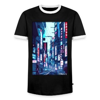 Tokyo City City Cyber Punk Future Sci-Fi Asia - Men's Ringer Shirt - black/white - Front - AI Model Female 172 light (172cm) & AI Model Male 178 light (178cm)