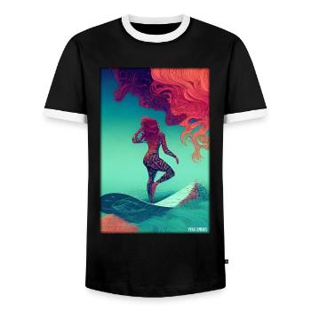Surfer fille fille femme planche de surf vagues mer - T-shirt contrasté Homme - noir/blanc - Devant - AI Model Female 172 light (172cm) & AI Model Male 178 light (178cm)