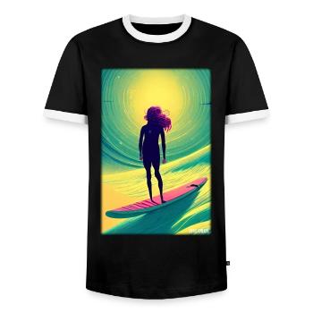 Surfer fille fille femme planche de surf vagues mer - T-shirt contrasté Homme - noir/blanc - Devant - AI Model Female 172 light (172cm) & AI Model Male 178 light (178cm)