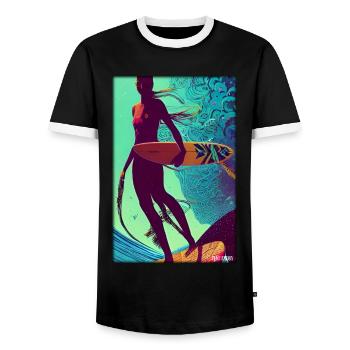Surfer fille fille femme planche de surf vagues mer - T-shirt contrasté Homme - noir/blanc - Devant - AI Model Female 172 light (172cm) & AI Model Male 178 light (178cm)