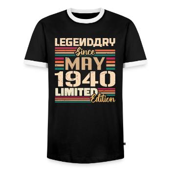 May 1940 May - Jubilee May 1940 - Men's Ringer Shirt - black/white - Front - AI Model Female 172 light (172cm) & AI Model Male 178 light (178cm)