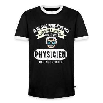 Super Héros physicien | Cadeau Humour Physique - T-shirt contrasté Homme - noir/blanc - Devant - AI Model Female 172 light (172cm) & AI Model Male 178 light (178cm)
