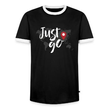 Just Go T-Shirt Travel Gift - Men's Ringer Shirt - black/white - Front - AI Model Female 172 light (172cm) & AI Model Male 178 light (178cm)