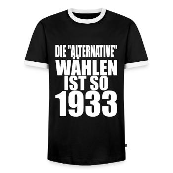 AfD stoppen gegen rechts Demokratie Vielfalt 1933 - Männer Kontrast-T-Shirt - Schwarz/Weiß - Vorne - AI Model Female 172 light (172cm) & AI Model Male 178 light (178cm)