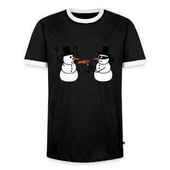 Evil Snowman Raid Robber Hair Dryer Funny Robbery - Men's Ringer Shirt - black/white - Front - AI Model Female 172 light (172cm) & AI Model Male 178 light (178cm)