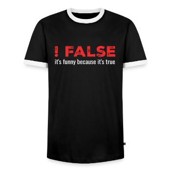 ! Falsch - es ist lustig, weil es wahr ist - Männer Kontrast-T-Shirt - Schwarz/Weiß - Vorne - AI Model Female 172 light (172cm) & AI Model Male 178 light (178cm)