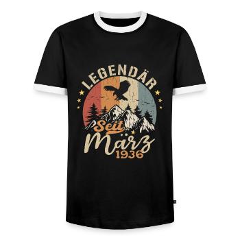 Legends are born in March 1936 - 1936 - Men's Ringer Shirt - black/white - Front - AI Model Female 172 light (172cm) & AI Model Male 178 light (178cm)