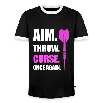aim. throw. Dart Darts Gift - Men's Ringer Shirt - black/white - Front - AI Model Female 172 light (172cm) & AI Model Male 178 light (178cm)