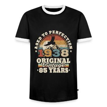 born in 1938 - 85 years old - Men's Ringer Shirt - black/white - Front - AI Model Female 172 light (172cm) & AI Model Male 178 light (178cm)