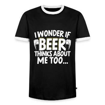 Ich frage mich, ob Bier über mich zu alkoholisch denkt - Männer Kontrast-T-Shirt - Schwarz/Weiß - Vorne - AI Model Female 172 light (172cm) & AI Model Male 178 light (178cm)