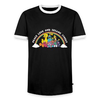 Sesame Street Characters With Rainbow Peace & Love - Men's Ringer Shirt - black/white - Front - AI Model Female 172 light (172cm) & AI Model Male 178 light (178cm)
