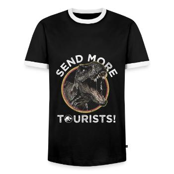 Jurassic Park T-Rex Send More Tourists! - Männer Kontrast-T-Shirt - Schwarz/Weiß - Vorne - AI Model Female 172 light (172cm) & AI Model Male 178 light (178cm)