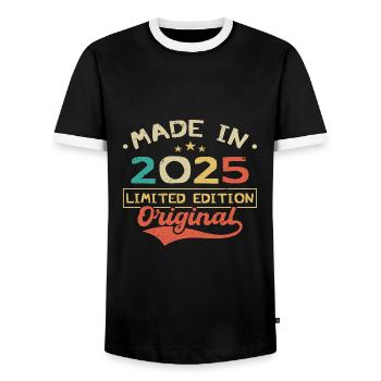 Hergestellt im Jahr 2025 | Limitierte Edition 2025 | Original - Männer Kontrast-T-Shirt - Schwarz/Weiß - Vorne - AI Model Female 172 light (172cm) & AI Model Male 178 light (178cm)