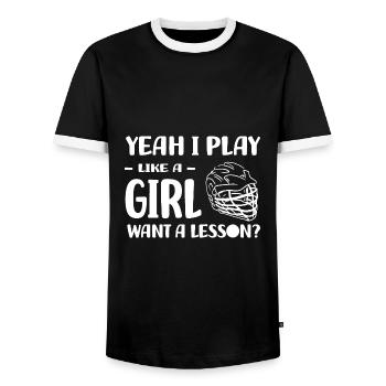 Lacrosse Sport | Lacrosse Player Team Gifts - Men's Ringer Shirt - black/white - Front - AI Model Female 172 light (172cm) & AI Model Male 178 light (178cm)